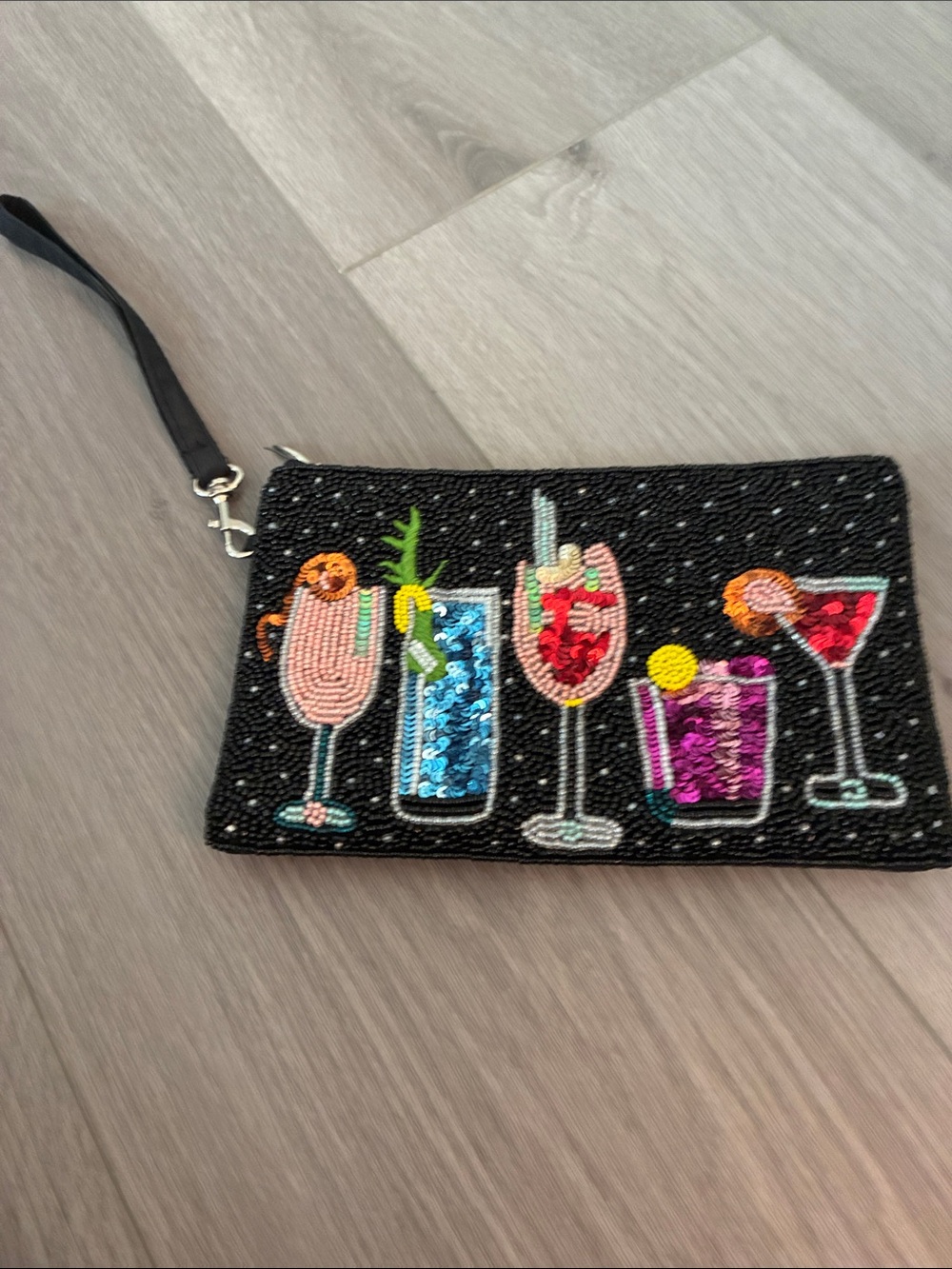 Beaded Black Cocktail Wristlet Clutch with Sequin Drink Motifs